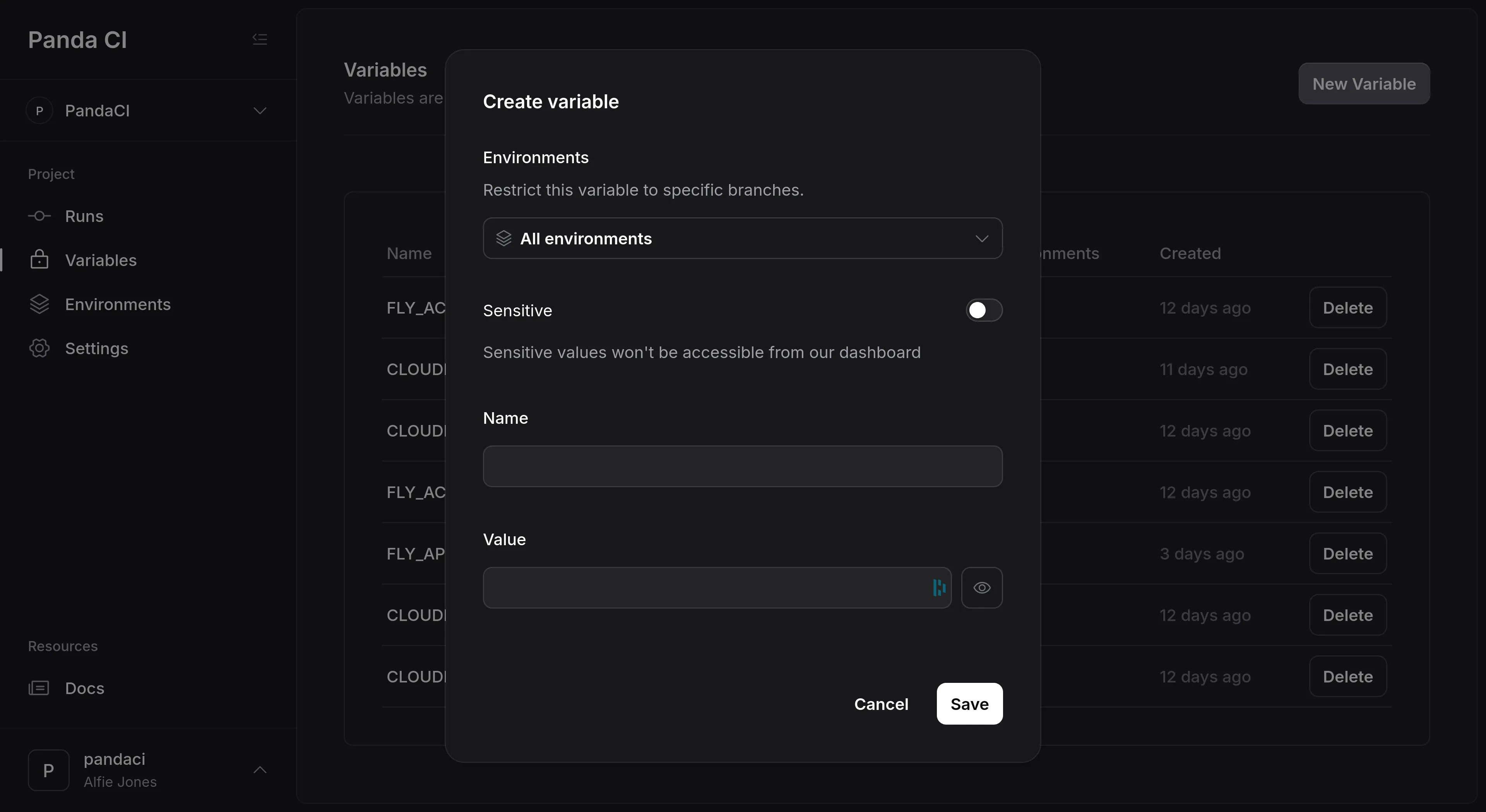 Creating a variable in PandaCI